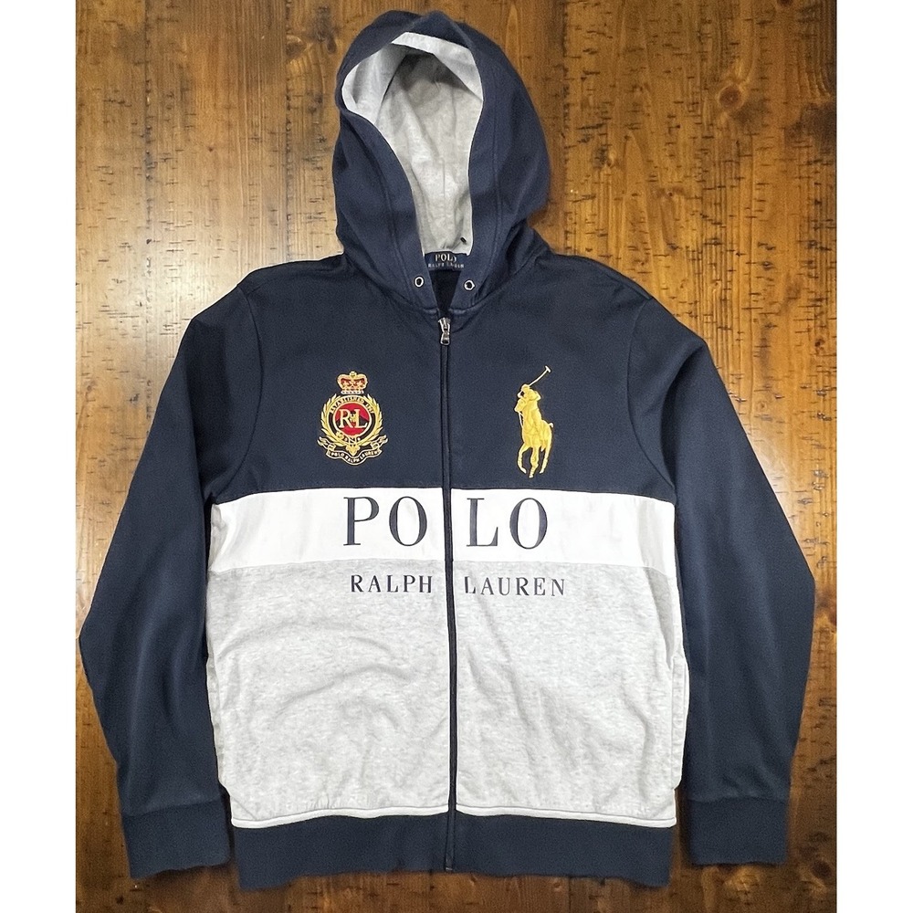 Polo Ralph Lauren Men's Navy Blue Full Zip-Up Hoodie Vintage 90s, Size Medium